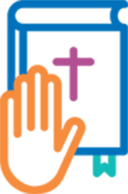 Abstract icon composed of overlapping colorful shapes in blue, orange, purple, and teal, representing collaboration, purpose, and shared mission.